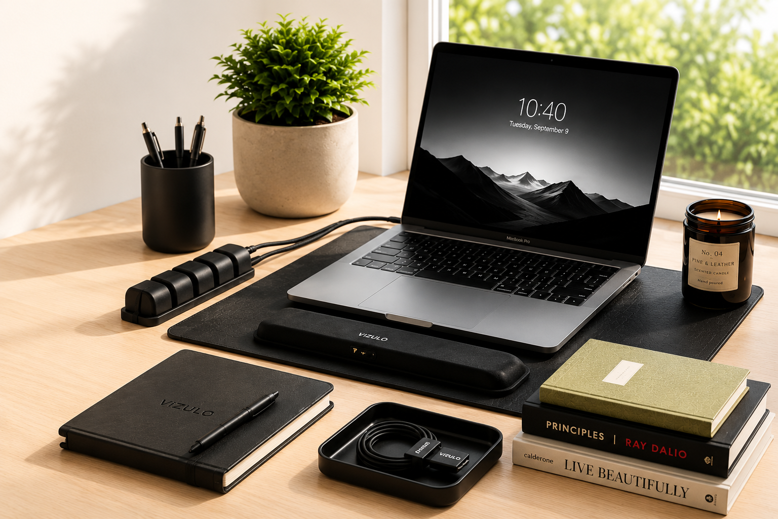 Vizulo workspace kit — monochrome desk scene