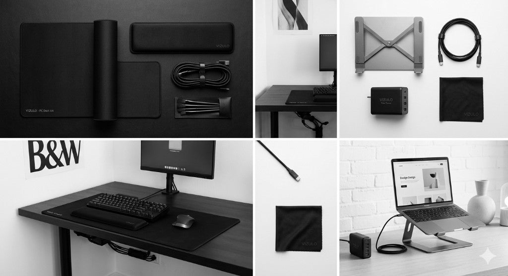 Grid of black, white, and gray VIZULO desk accessories