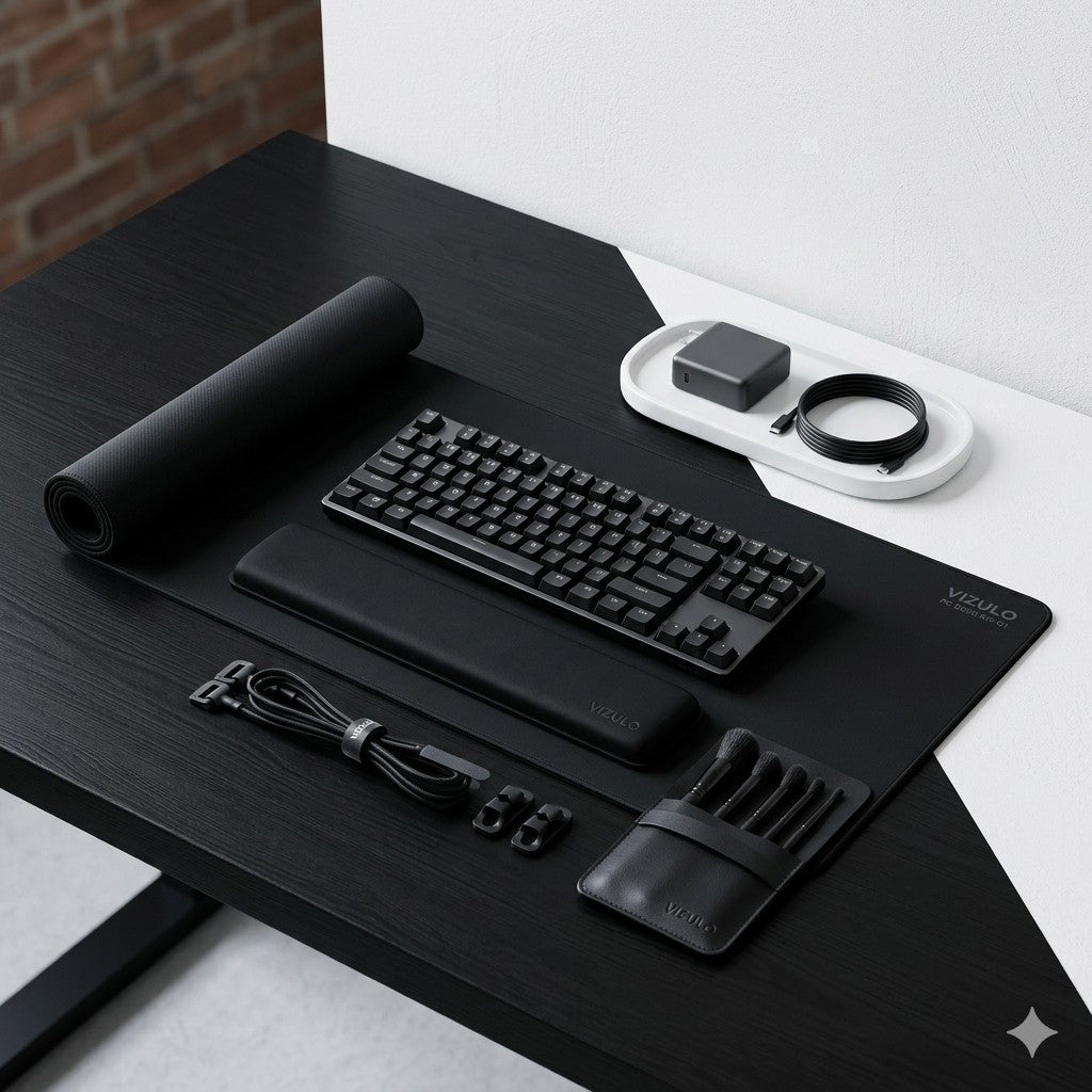 Vizulo workspace kit — monochrome desk scene